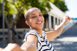 Happy Woman on neighborhood street
